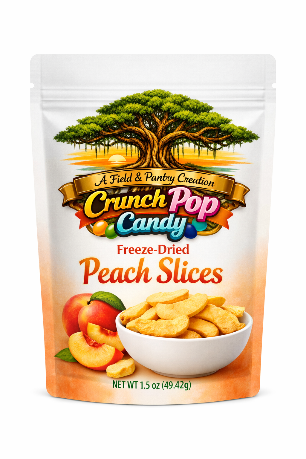 Crunch Pop Candy freeze-dried Peach Slices pouch
